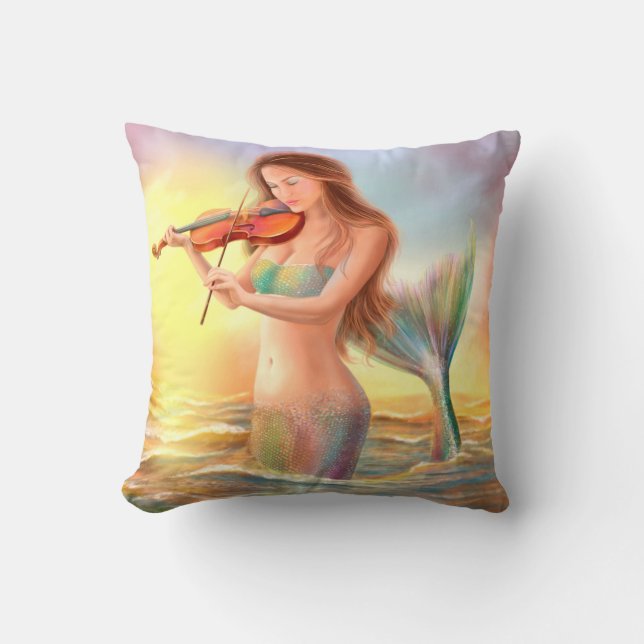 Pillow Fantasy Mermaid spielt Geige am Sonnenunter Kissen (Vorderseite)