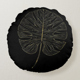 Pillow Luxe Gold Monstera Leaf Botanical Decor Rundes Kissen
