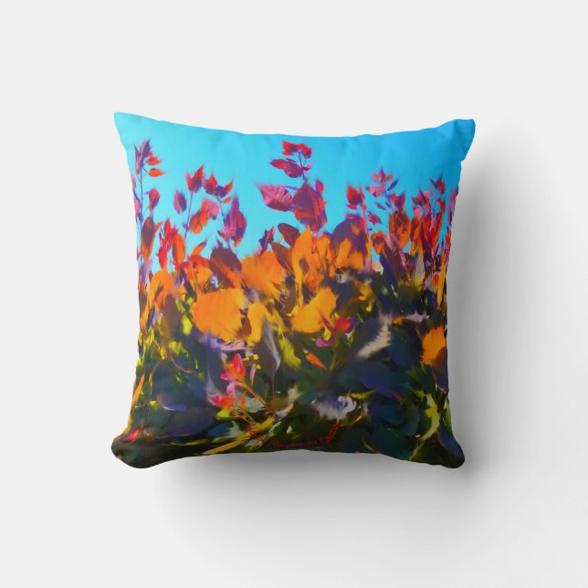 Pillow mit dem orange Blätter, das den blauen Kissen (Vorderseite)