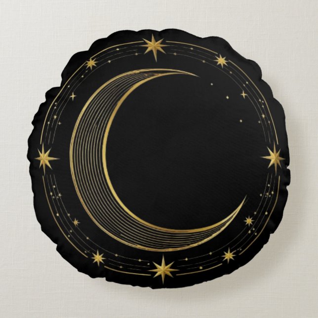 Pillow Round Luxury Black Gold Celestial Moon Rundes Kissen (Vorderseite)