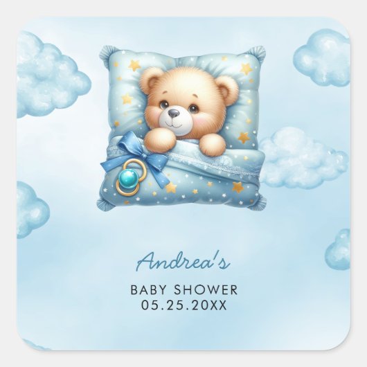 Pillow Teddy Bear Baby Dusche Quadratischer Aufkleber (Vorderseite)