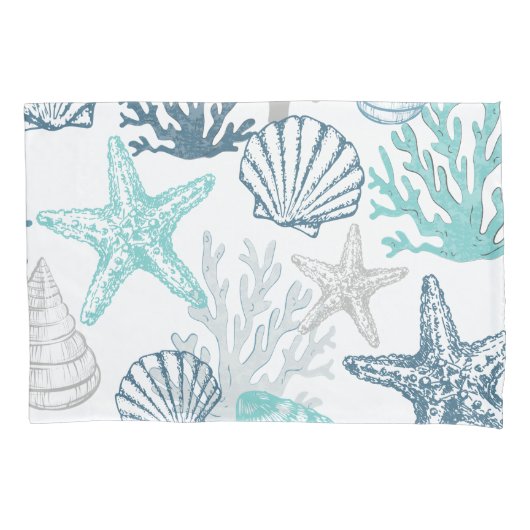 Pillowcase Aquamarin Blue Seashells Starfish Coast Kissenbezug (Vorderseite)