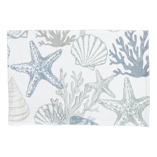 Pillowcase Blue Starfish Seashells Coastells Beach Kissenbezug (Vorderseite)