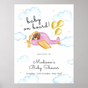 Pilot Bär Ballon Flugzeug Baby Shower Willkommen Poster