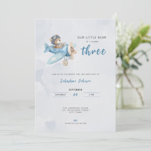 Pilot Bear Airplane 3rd Birthday Party Invitation Einladung (Stehend Vorderseite)