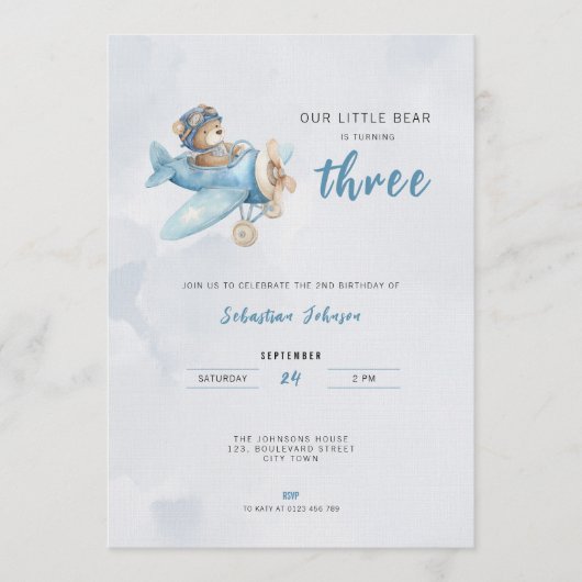 Pilot Bear Airplane 3rd Birthday Party Invitation Einladung (Vorderseite)