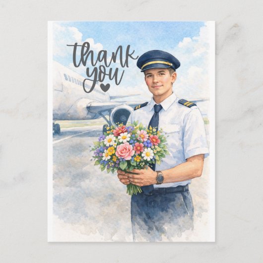 Pilot hält Blumen auf der Start-und Landebahn steh Postkarte (Vorderseite)