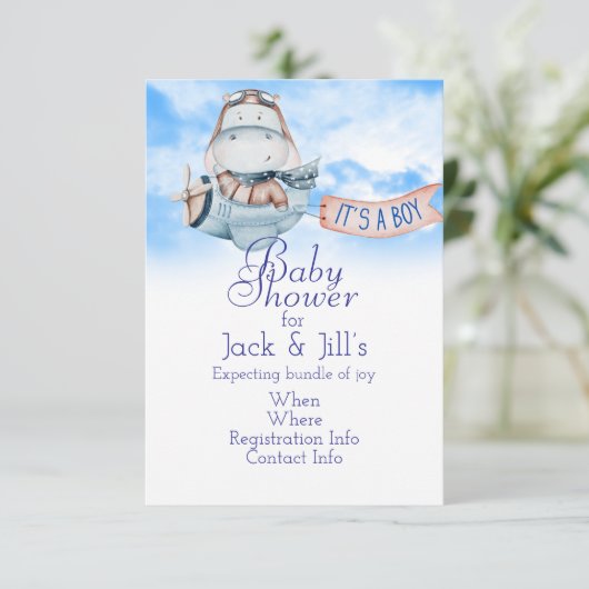 Pilot Hippo kündigt Baby Boy an Einladung (Stehend Vorderseite)