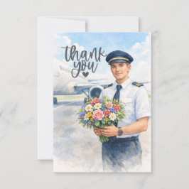Pilot holds flowers on the runway  dankeskarte