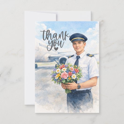 Pilot holds flowers on the runway  dankeskarte (Vorderseite)