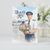 Pilot holds flowers on the runway  dankeskarte (Stehend Vorderseite)