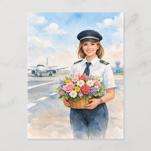 Pilot holds flowers standing on runway  postkarte (Vorderseite)