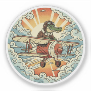 Pilot-Krokodil-Biplane - Vintager Aviator-Adventur Aufkleber