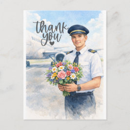 Pilot steht mit Blumen auf der Start-und-Landebahn Postkarte