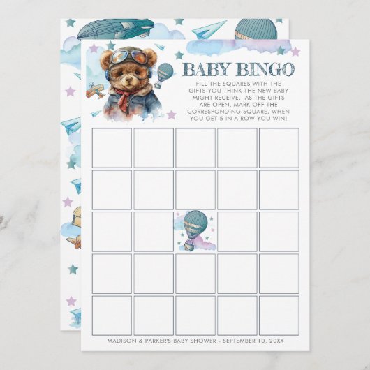 Pilot Teddy Bear Baby Shooting Baby Bingo Einladung (Vorne/Hinten)