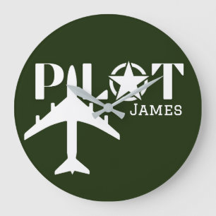 Pilot Typografie und Minimalistisches Flugzeug Große Wanduhr