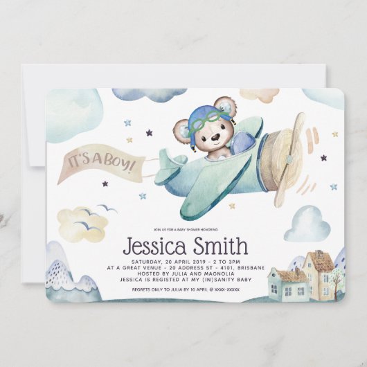 Pilotin für Wasserfarbe Teddy Bear Einladung (Vorderseite)