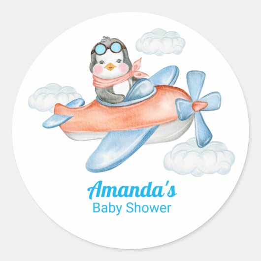 Pilotprogramm für Blue White Baby Dusche Pinguin Runder Aufkleber (Vorderseite)