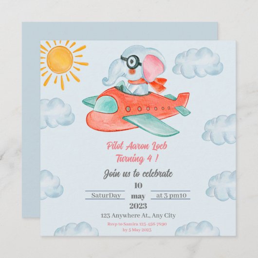 Pilotprogramm für hellblaue Elefanten zum Geburtst Einladung (Vorne/Hinten)