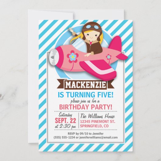 Pilotprogramm für Mädchen in rosa Flugzeug; Blaue Einladung (Vorderseite)