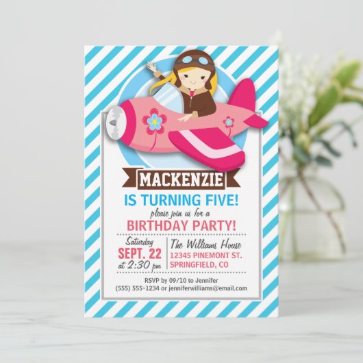 Pilotprogramm für Mädchen in rosa Flugzeug; Blaue Einladung (Stehend Vorderseite)