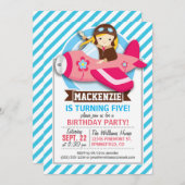 Pilotprogramm für Mädchen in rosa Flugzeug; Blaue Einladung (Vorne/Hinten)