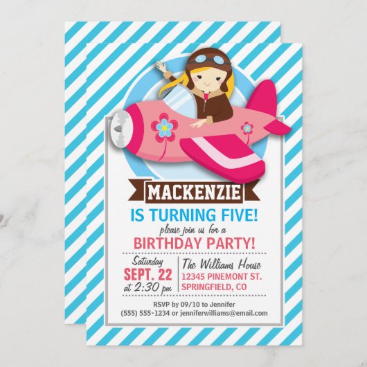 Pilotprogramm für Mädchen in rosa Flugzeug; Blaue Einladung (Vorne/Hinten)