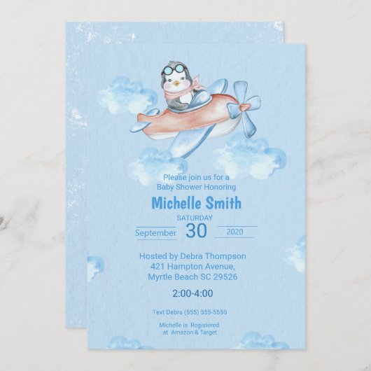 Pilotprogramm für niedliche Blaue Pinguine Einladung (Vorne/Hinten)