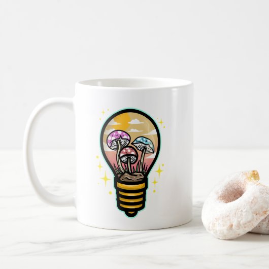 Pilz in einer Glühbirne Kaffeetasse (Mit Donut)