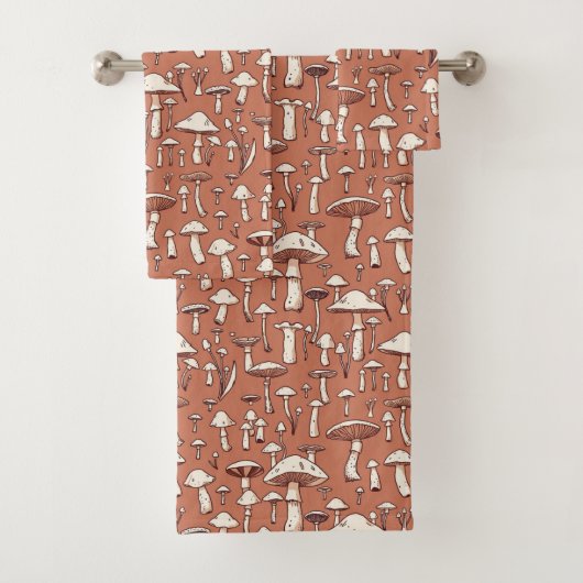 Pilz Print on Terracotta Brown Badhandtuch Set (Insitu)