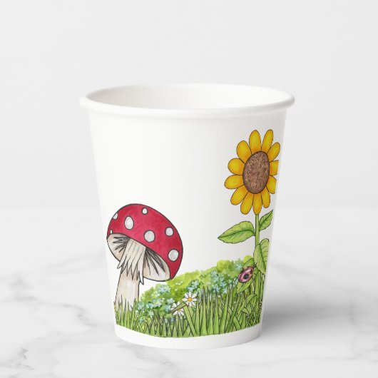 Pilz, Toadstool, Ladybug, Sonnenblumenpapiere Pappbecher (Vorderseite)