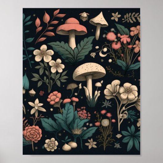 Pilz- und Blume-Farbschema Weiß und Rosa Poster (Vorne)
