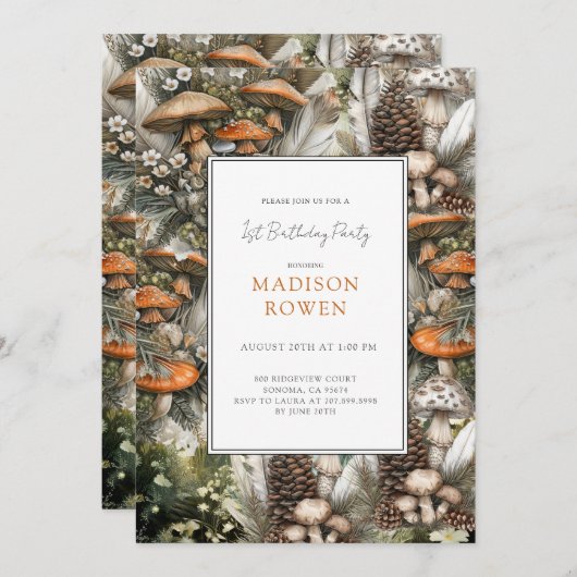 Pilze 1. Geburtstag Party Einladung (Vorne/Hinten)