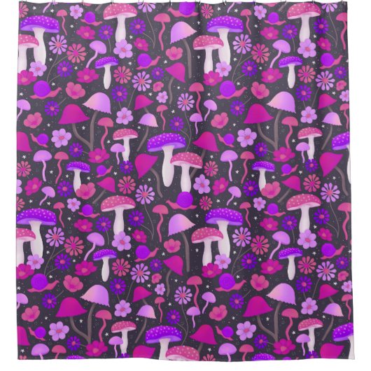 Pilze aus der Flora Lebhaft Rosa, Lila und schwarz Duschvorhang (Vorderseite)