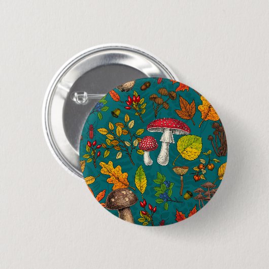 Pilze, Blätter, Nüsse und Beeren im Herbst auf bla Button (Vorne & Hinten)