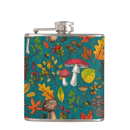 Pilze, Blätter, Nüsse und Beeren im Herbst auf bla Flachmann (Vorderseite)