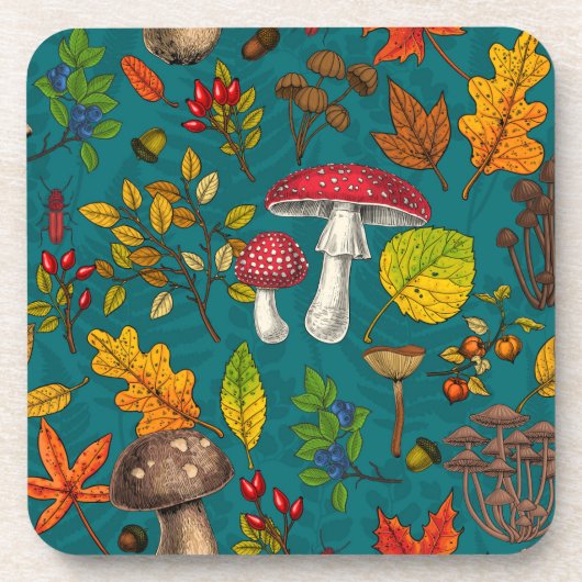 Pilze, Blätter, Nüsse und Beeren im Herbst auf bla Getränkeuntersetzer (Vorderseite)
