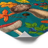 Pilze, Blätter, Nüsse und Beeren im Herbst auf bla Poster (Ecke)