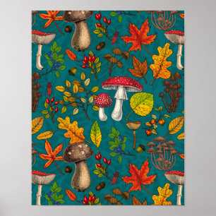 Pilze, Blätter, Nüsse und Beeren im Herbst auf bla Poster