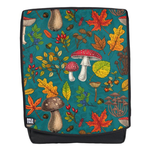 Pilze, Blätter, Nüsse und Beeren im Herbst auf bla Rucksack (Vorderseite)