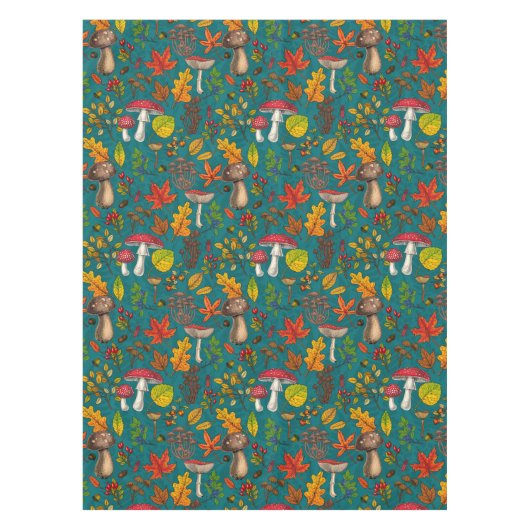 Pilze, Blätter, Nüsse und Beeren im Herbst auf bla Tischdecke (Vorderseite)