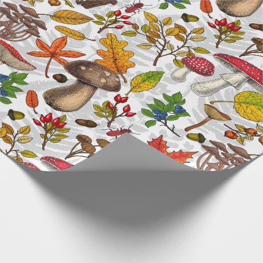 Pilze, Blätter, Nüsse und Beeren im Herbst auf Wei Geschenkpapier (Ecke)