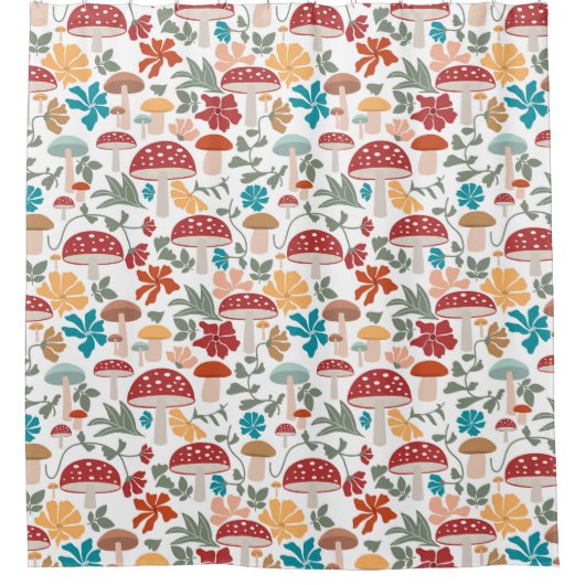 Pilze & Blumen Mitte Jahrhundert Modernes Muster Duschvorhang (Vorderseite)