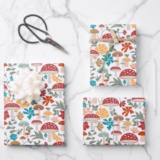 Pilze & Blumen Mitte Jahrhundert Modernes Muster Geschenkpapier Set (Vorderseite)
