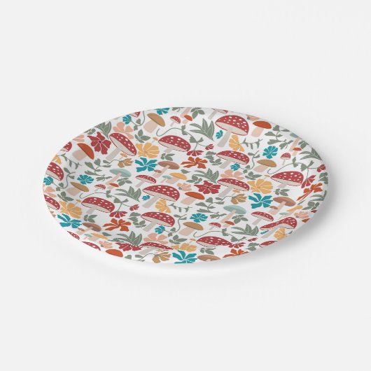 Pilze & Blumen Mitte Jahrhundert Modernes Muster Pappteller (Schrägansicht)