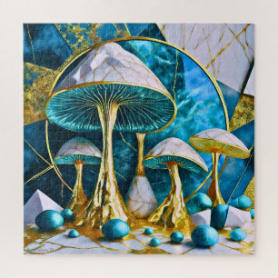 Pilze in Blaugrün Gold Weiß Marmor Surreal Puzzle