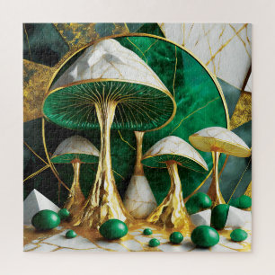 Pilze in grüner und goldener geometrischer Surreal Puzzle