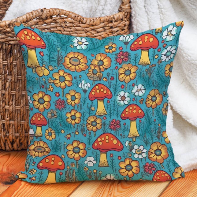 Pilze Retro 70er Jahre Rot Gelb Aquamarin Kissen (Cute orange mushrooms on teal decorator pillow)