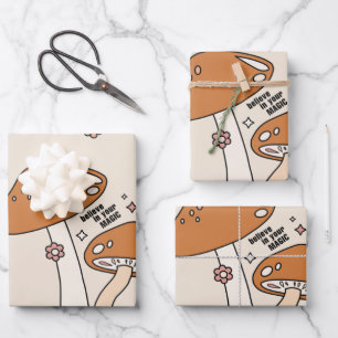 Pilze und Blume Erdtöne Beige Retro 70er Geschenkpapier Set