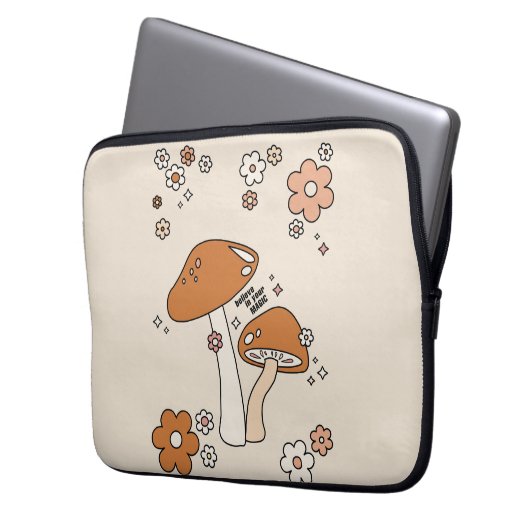 Pilze und Blume Erdtöne Beige Retro 70er Laptopschutzhülle (Vorderseite Links)